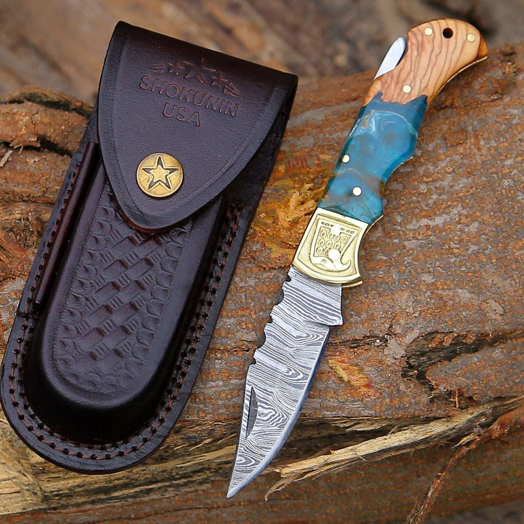 Pocket Knife - Perseus Damascus Pocket Knife with Exotic Olive Wood & Resin Handle - Shokunin USA