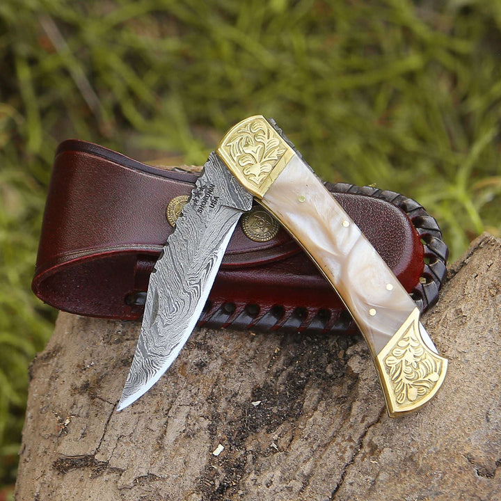 Thunderblade Pocket Knives - Thunderblade Handmade Damascus Pocket Knife with Leather Sheath &amp; Mother of Pearl Resin - Shokunin USA