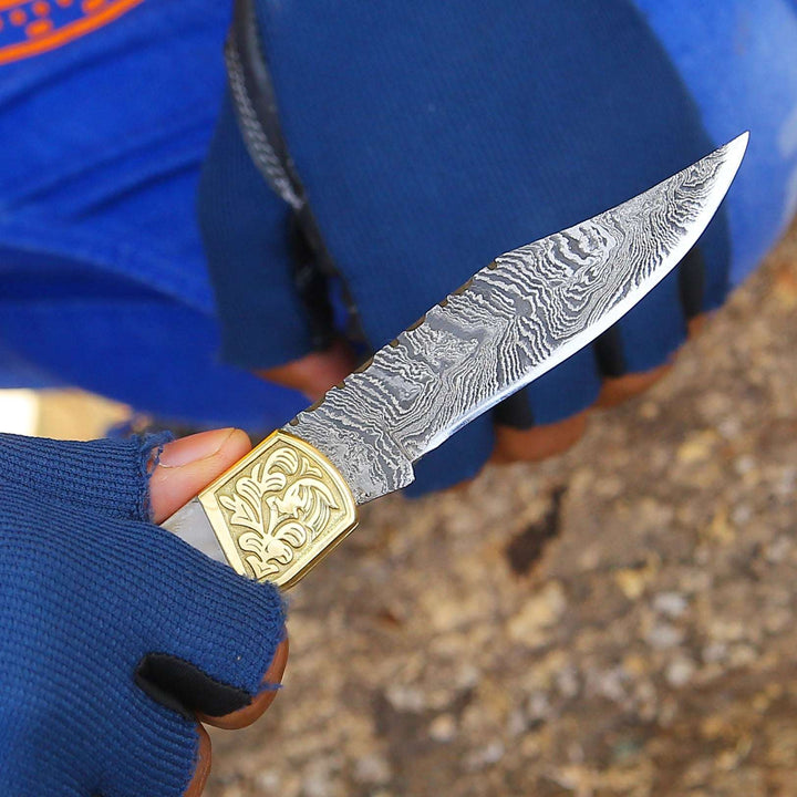 Thunderblade Knives - Thunderblade Handmade Damascus Pocket Knife with Leather Sheath &amp; Mother of - Shokunin USA