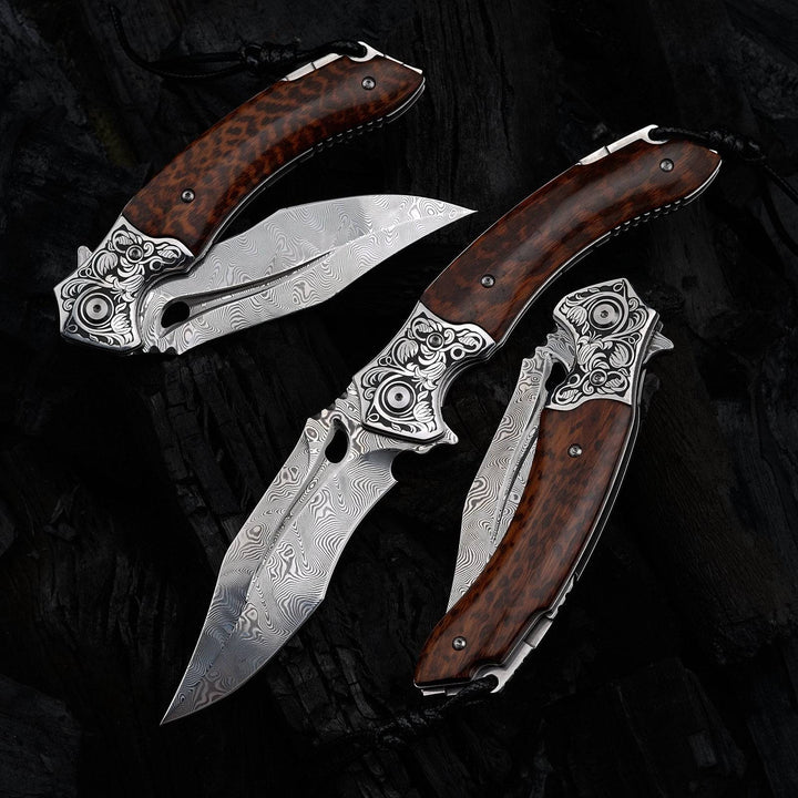 Heracles Damascus Folding Knife with Exotic Snake Wood Handle