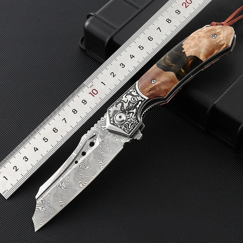 Gentleman's folder with case - Volver Damascus Pocket Knife with Exotic Olive Burl Wood & Resin Handle - Shokunin USA