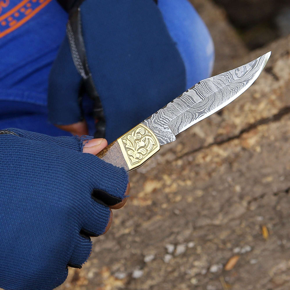Pocket Knife - Goldshadow Handmade Damascus EDC Folding Pocket Knife with Leather Sheath & Micarta Handle - Shokunin USA