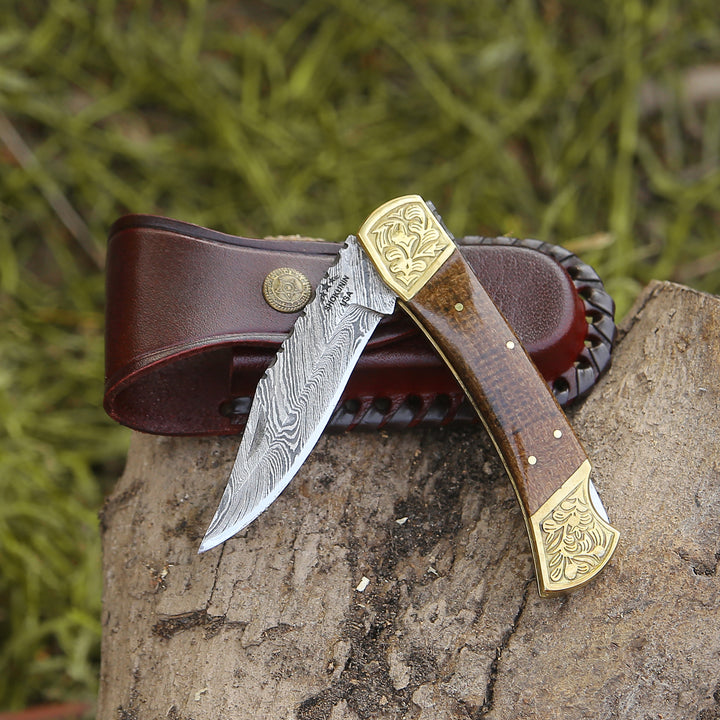 Damascus Knife - Goldshadow Handmade Damascus EDC Folding Pocket Knife with Leather Sheath & Micarta Handle - Shokunin USA