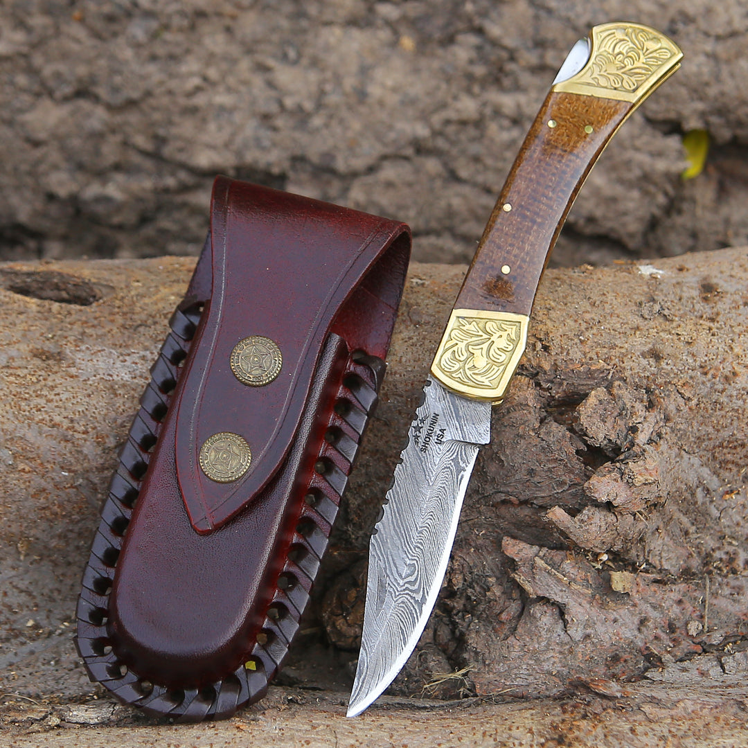 Damascus Knife - Goldshadow Handmade Damascus EDC Folding Pocket Knife with Leather Sheath & Micarta Handle - Shokunin USA