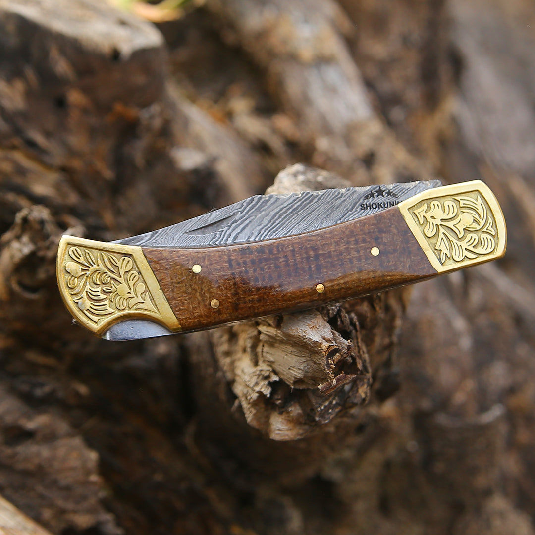 Damascus Knife - Goldshadow Handmade Damascus EDC Folding Pocket Knife with Leather Sheath & Micarta Handle - Shokunin USA