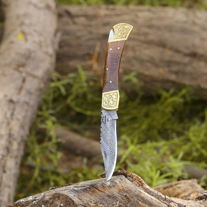 Damascus Knife - Goldshadow Handmade Damascus EDC Folding Pocket Knife with Leather Sheath & Micarta Handle - Shokunin USA