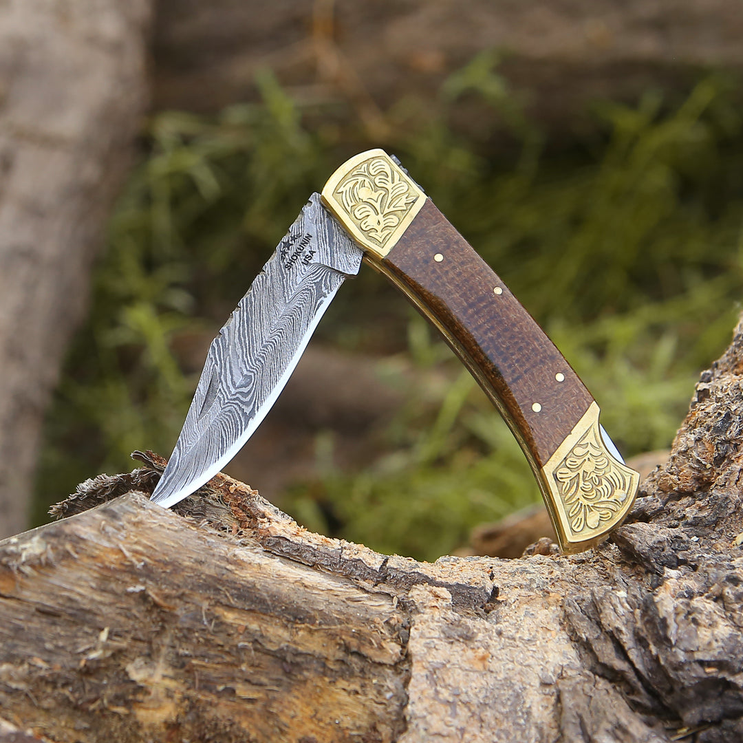 Damascus Knife - Goldshadow Handmade Damascus EDC Folding Pocket Knife with Leather Sheath & Micarta Handle - Shokunin USA