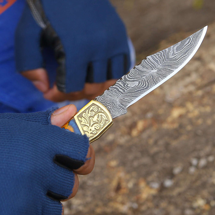 Damascus knife - Thundersteel Handmade Damascus EDC Folding Knife with Leather Sheath &amp; Pakkawood Handle - Shokunin USA