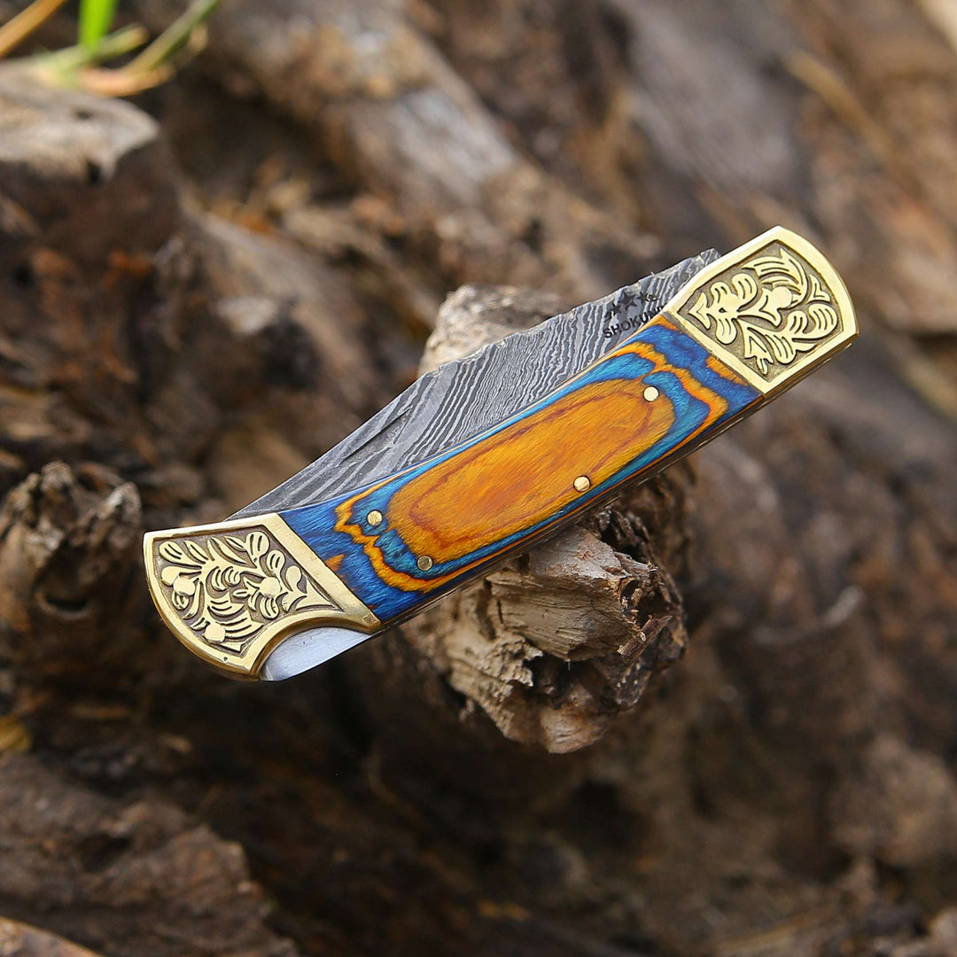 Damascus knife - Thundersteel Handmade Damascus EDC Folding Knife with Leather Sheath &amp; Pakkawood Handle - Shokunin USA