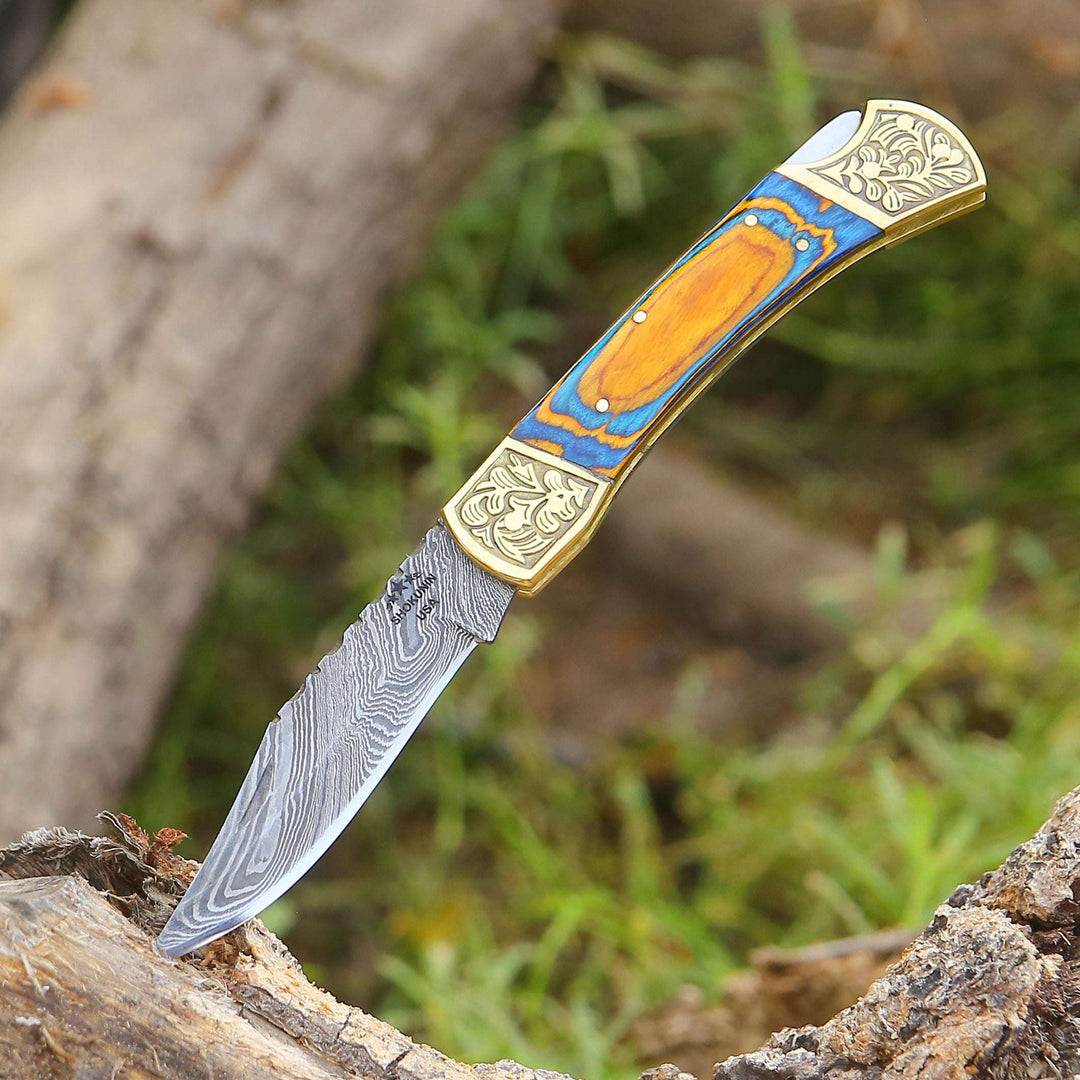 Damascus knife - Thundersteel Handmade Damascus EDC Folding Knife with Leather Sheath &amp; Pakkawood Handle - Shokunin USA
