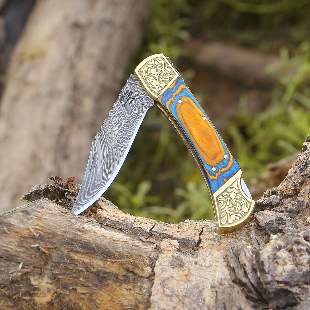 Damascus knife - Thundersteel Handmade Damascus EDC Folding Knife with Leather Sheath &amp; Pakkawood Handle - Shokunin USA