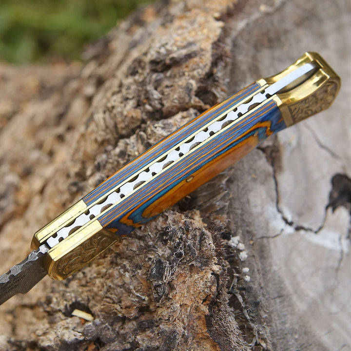 Thundersteel Handmade Damascus EDC Folding Knife with Leather Sheath &amp; Pakkawood Handle