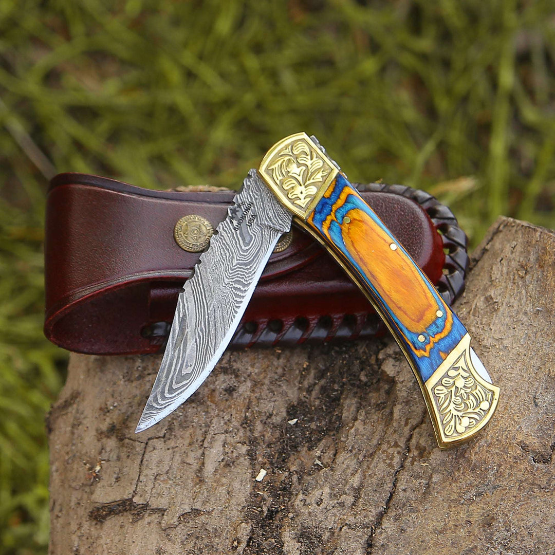 Thundersteel Handmade Damascus EDC Folding Knife with Leather Sheath &amp; Pakkawood Handle