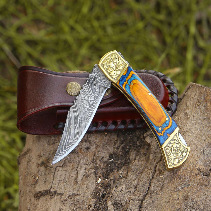 Thundersteel Handmade Damascus EDC Folding Knife with Leather Sheath &amp; Pakkawood Handle