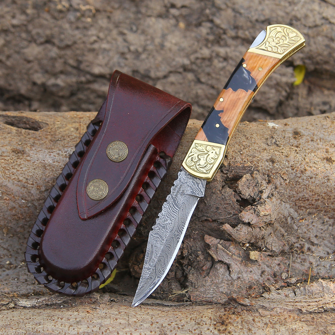 EDC Knife - Goldenbolt Handmade Damascus EDC Knife with Leather Sheath & Olive Wood Handle - Shokunin USA