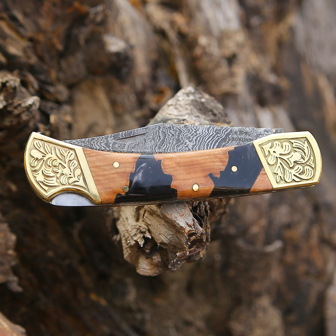 EDC Knife - Goldenbolt Handmade Damascus EDC Knife with Leather Sheath & Olive Wood Handle - Shokunin USA