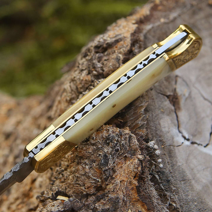 Stormedge Handmade Damascus EDC Pocket Knife with Leather Sheath &amp; Bone Handle