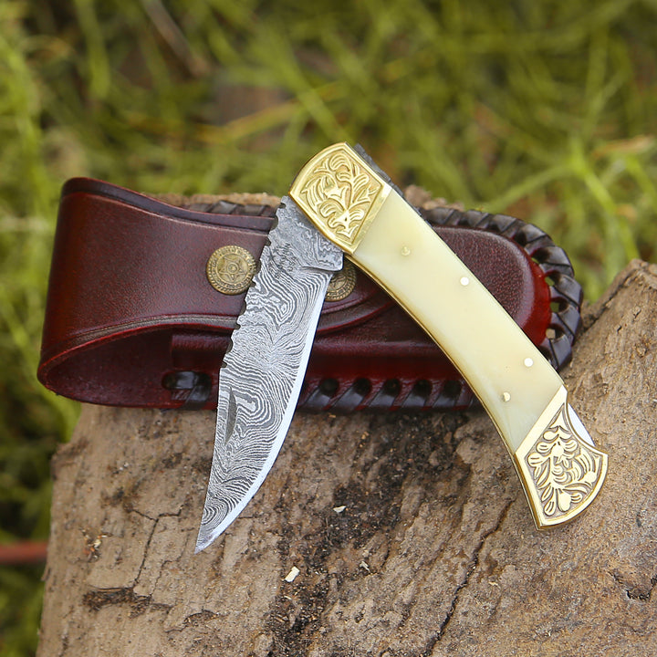 EDC Knife - Stormedge Handmade Damascus EDC Pocket Knife with Leather Sheath & Bone Handle - Shokunin USA