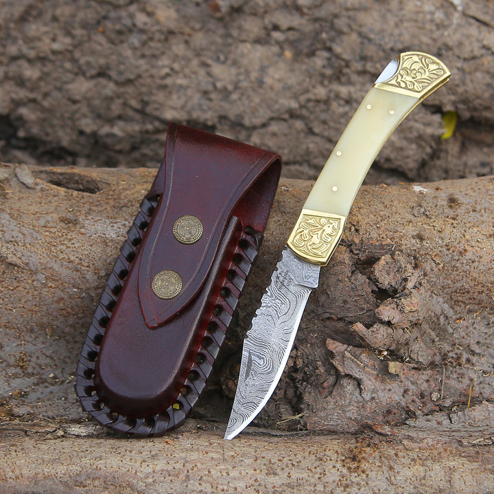 EDC Knife - Stormedge Handmade Damascus EDC Pocket Knife with Leather Sheath & Bone Handle - Shokunin USA