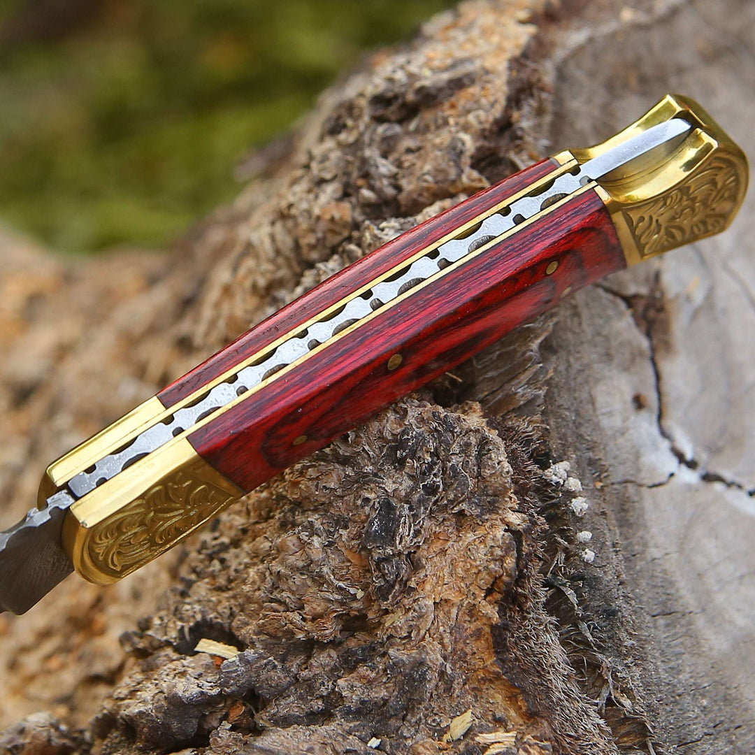 EDC Utility Knife - Edgefire Handmade Damascus EDC Utility Folding Knife with Leather Sheath &amp; Pakka wood - Shokunin USA
