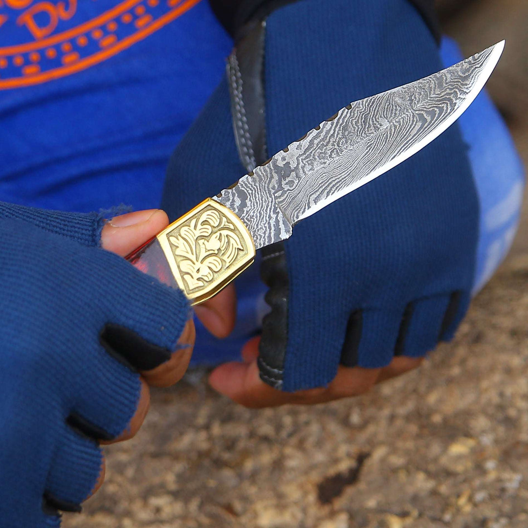 EDC Utility Knife - Edgefire Handmade Damascus EDC Utility Folding Knife with Leather Sheath &amp; Pakka wood - Shokunin USA