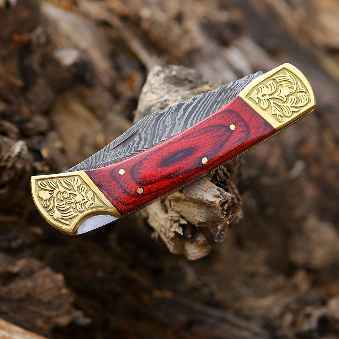EDC Utility Knife - Edgefire Handmade Damascus EDC Utility Folding Knife with Leather Sheath &amp; Pakka wood - Shokunin USA