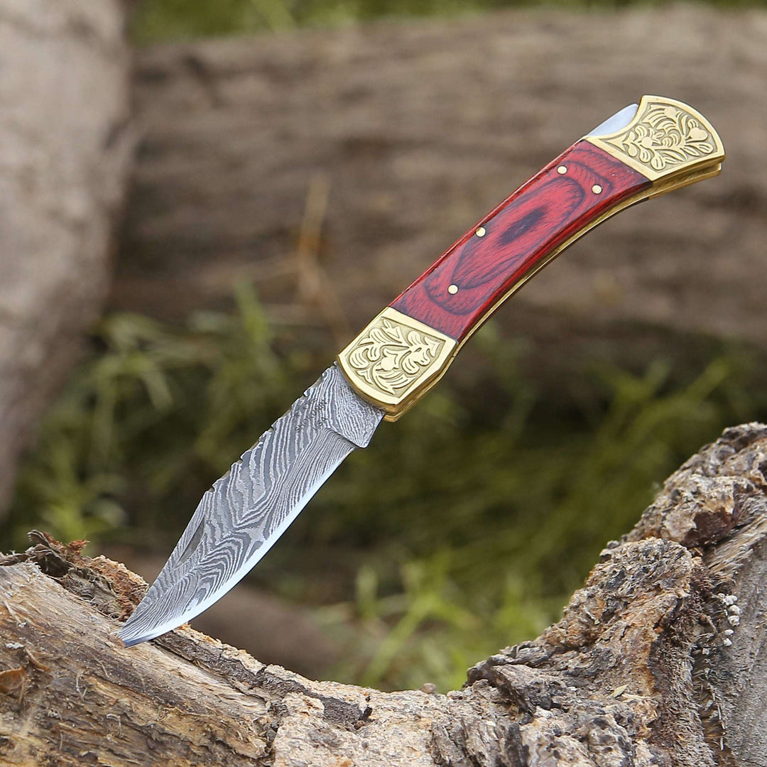 EDC Utility Knife - Edgefire Handmade Damascus EDC Utility Folding Knife with Leather Sheath &amp; Pakka wood - Shokunin USA