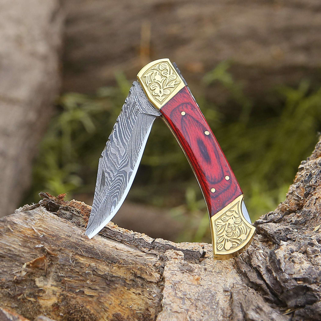 EDC Utility Knife - Edgefire Handmade Damascus EDC Utility Folding Knife with Leather Sheath &amp; Pakka wood - Shokunin USA