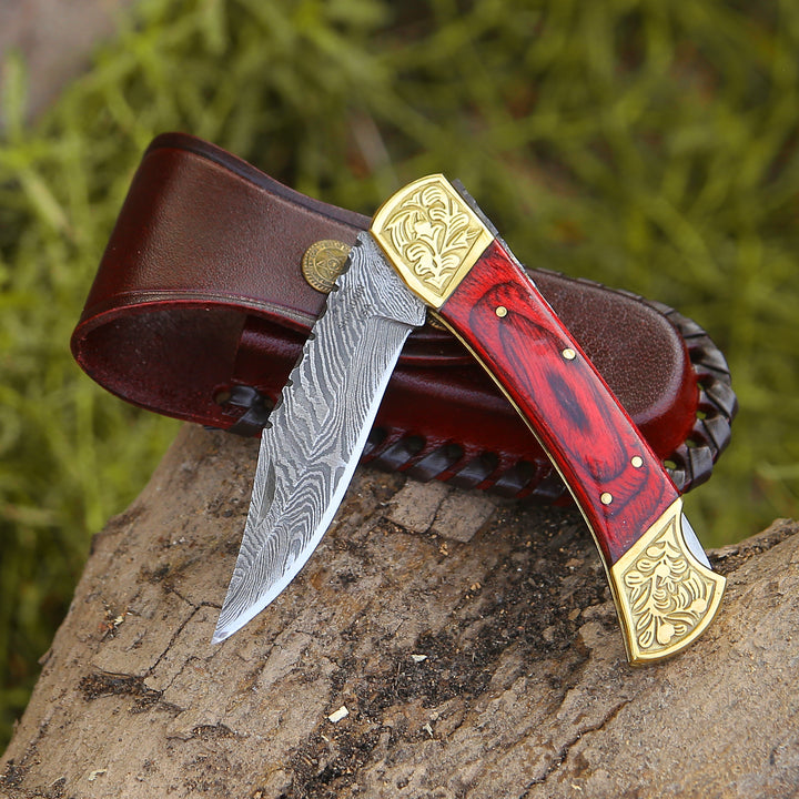 EDC Utility Knife - Edgefire Handmade Damascus EDC Utility Folding Knife with Leather Sheath & Pakka wood - Shokunin USA