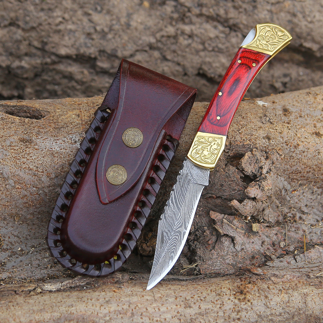 EDC Utility Knife - Edgefire Handmade Damascus EDC Utility Folding Knife with Leather Sheath & Pakka wood - Shokunin USA