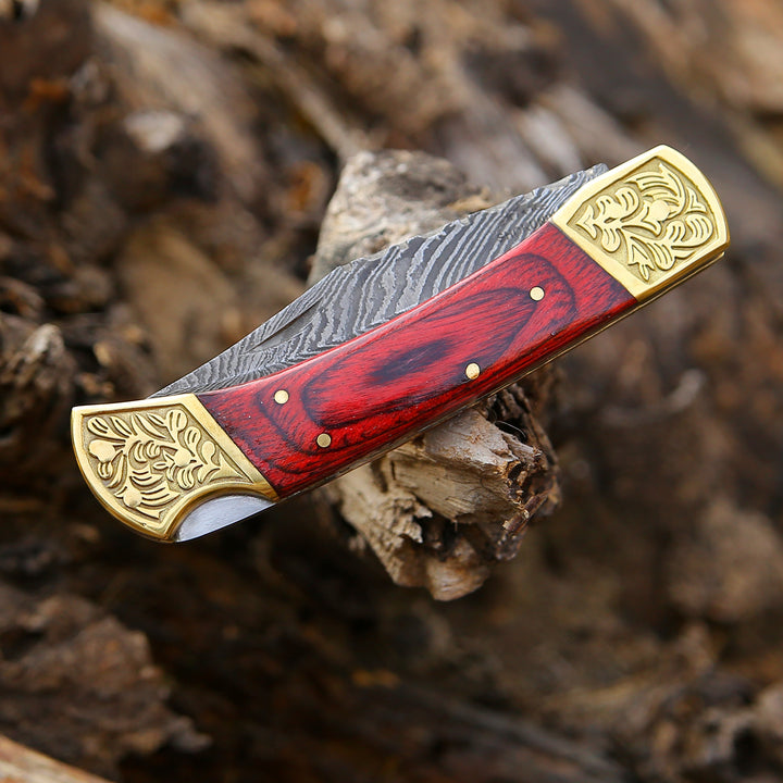 EDC Utility Knife - Edgefire Handmade Damascus EDC Utility Folding Knife with Leather Sheath & Pakka wood - Shokunin USA