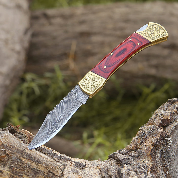 EDC Utility Knife - Edgefire Handmade Damascus EDC Utility Folding Knife with Leather Sheath & Pakka wood - Shokunin USA