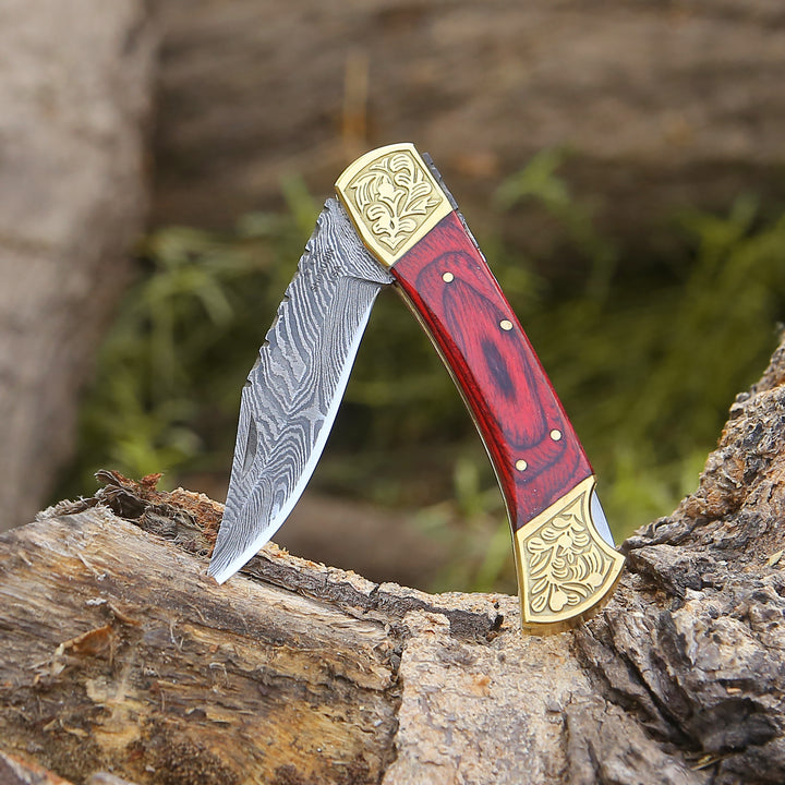 EDC Utility Knife - Edgefire Handmade Damascus EDC Utility Folding Knife with Leather Sheath & Pakka wood - Shokunin USA