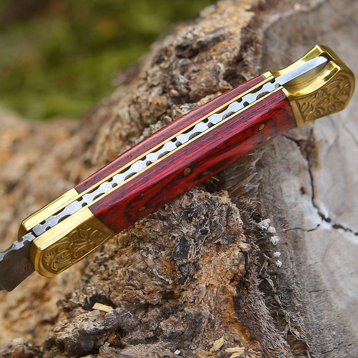 Edgefire Handmade Damascus EDC Utility Folding Knife with Leather Sheath &amp; Pakka wood