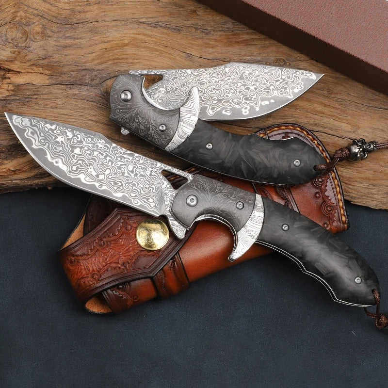 Damascus Knife - Hermes Damascus Steel Folding Pocket Knife with Carbon Fiber Handle - Shokunin USA