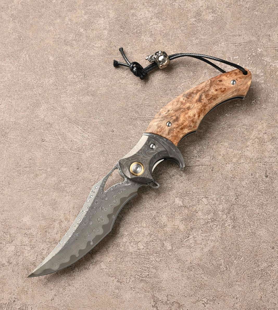Blue Damascus Knife - Crest Japanese Damascus Pocket knife with Maple Burl Handle - Shokunin USA