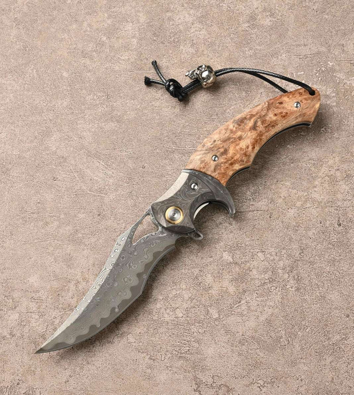 Blue Damascus Knife - Crest Japanese Damascus Pocket knife with Maple Burl Handle - Shokunin USA