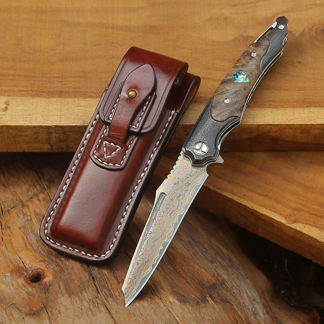 Ironhide Damascus Pocket Knife with stained maple burl handle