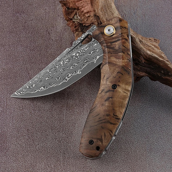 Damascus Knife - Tomahawk Damascus Pocket Knife with Clip and Exotic Olive Wood Burl Handle - Shokunin USA