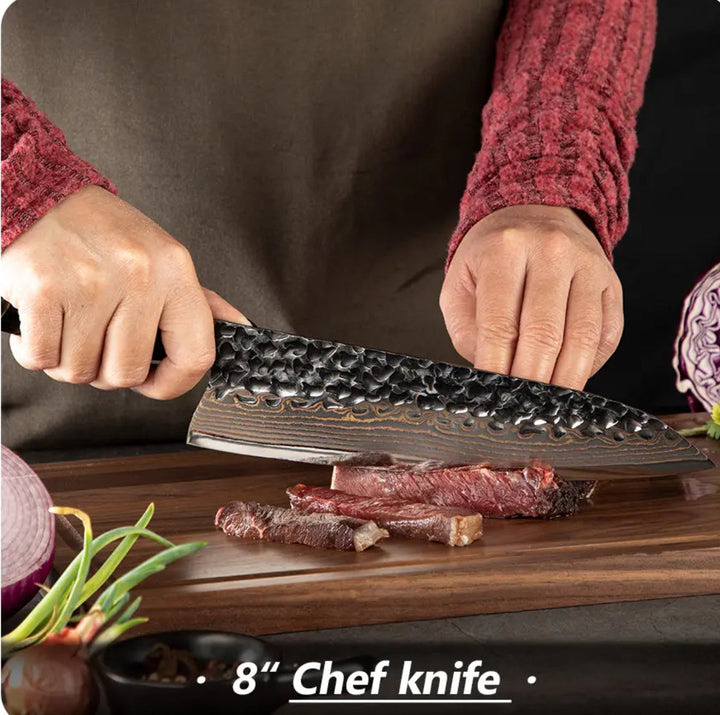 custom crafted chef knife - Majestic Japanese Copper Damascus Chef Knife with Rare Raffir Noble Handle Handle - Shokunin USA