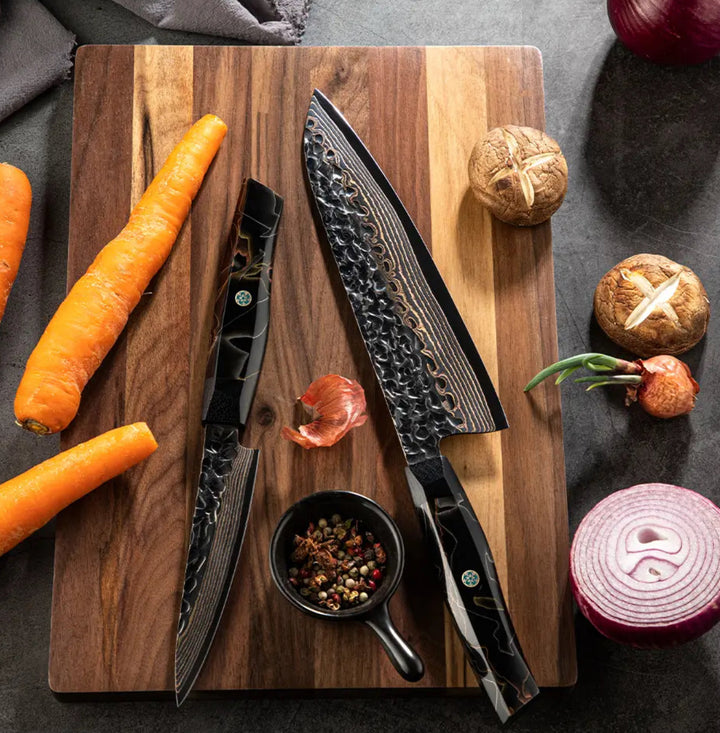 hand finished chef knife - Majestic Japanese Copper Damascus Chef Knife with Rare Raffir Noble Handle Handle - Shokunin USA