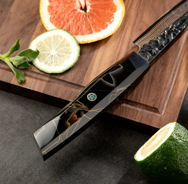 premium quality chef knife - Majestic Japanese Copper Damascus Chef Knife with Rare Raffir Noble Handle Handle - Shokunin USA