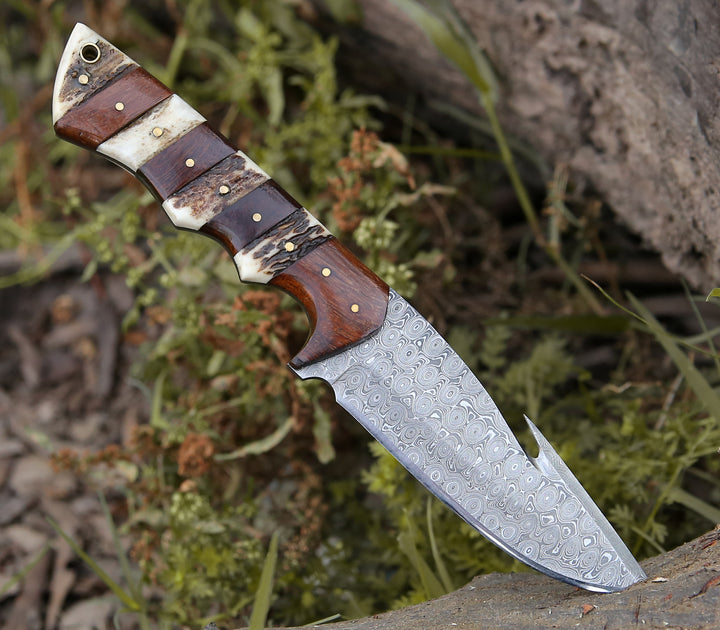 Damascus Knife - Sentinel Gut Hook Hunting Knife With Stag Horn & Exotic Rose Wood Mosaic Handle - Shokunin USA