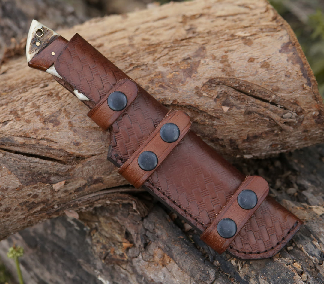 Damascus Knife - Sentinel Gut Hook Hunting Knife With Stag Horn & Exotic Rose Wood Mosaic Handle - Shokunin USA