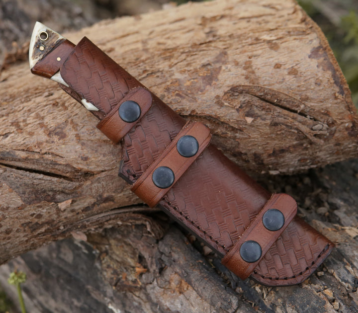 Damascus Knife - Sentinel Gut Hook Hunting Knife With Stag Horn & Exotic Rose Wood Mosaic Handle - Shokunin USA