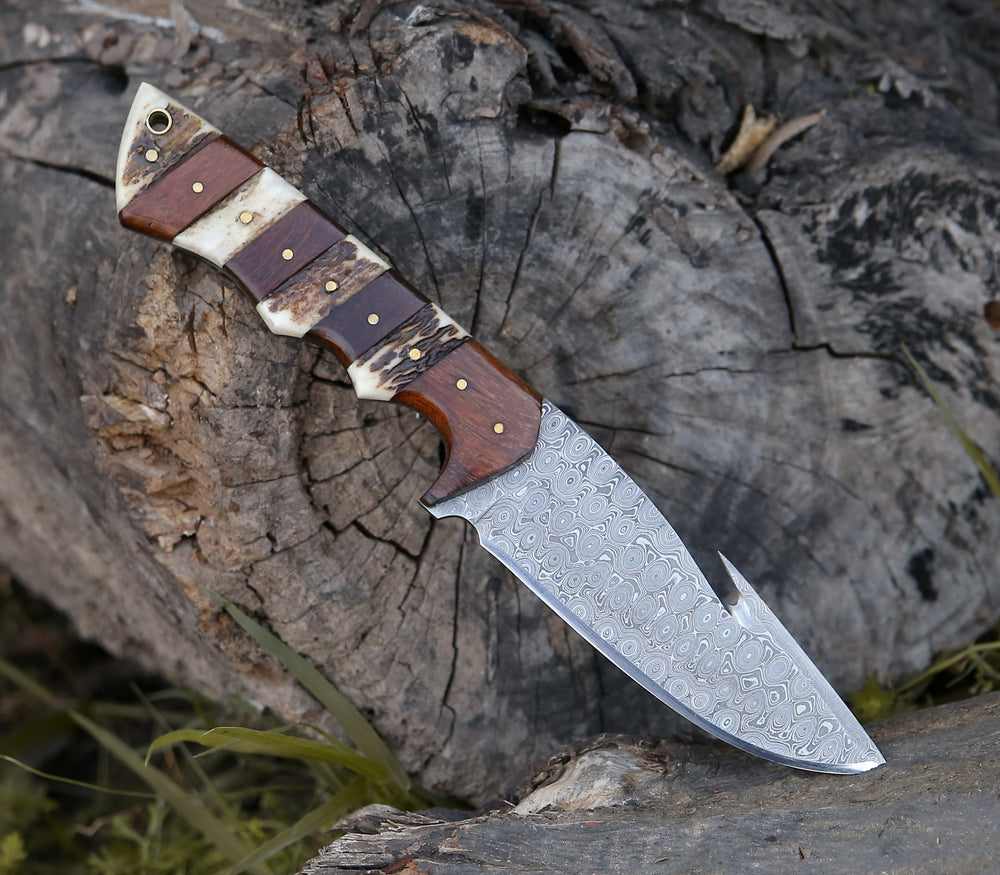 Damascus Knife - Sentinel Gut Hook Hunting Knife With Stag Horn & Exotic Rose Wood Mosaic Handle - Shokunin USA