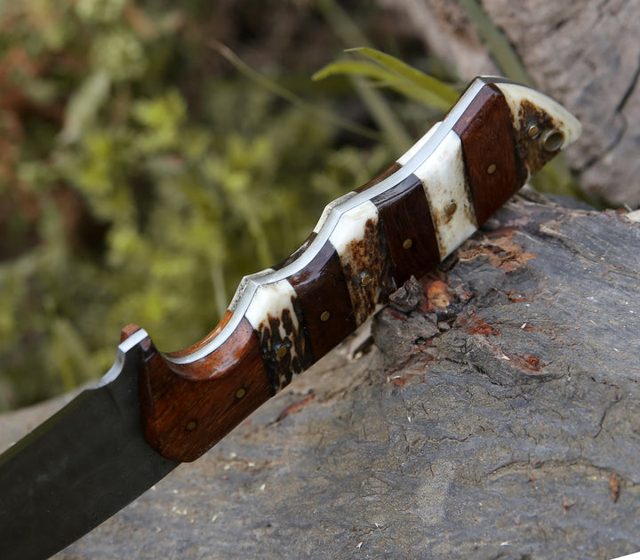 Damascus Knife - Sentinel Gut Hook Hunting Knife With Stag Horn & Exotic Rose Wood Mosaic Handle - Shokunin USA