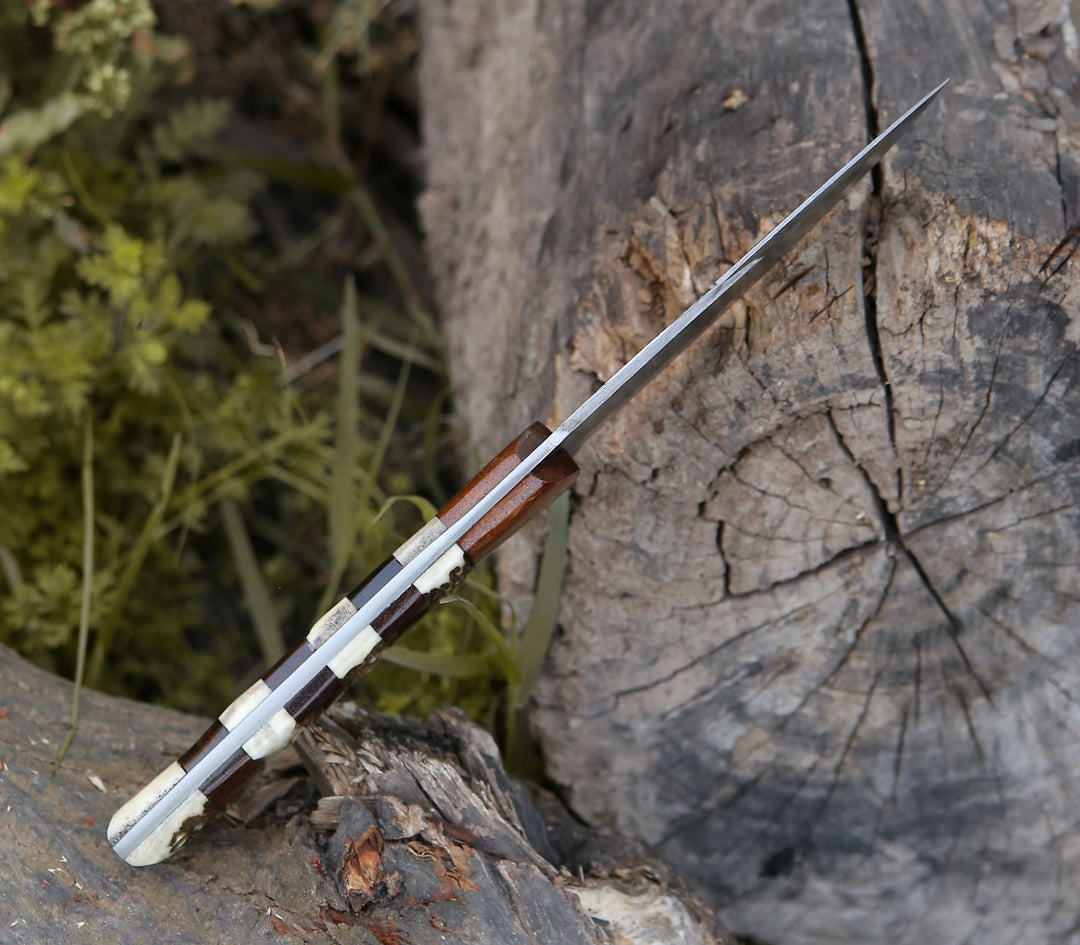 Damascus Knife - Sentinel Gut Hook Hunting Knife With Stag Horn & Exotic Rose Wood Mosaic Handle - Shokunin USA
