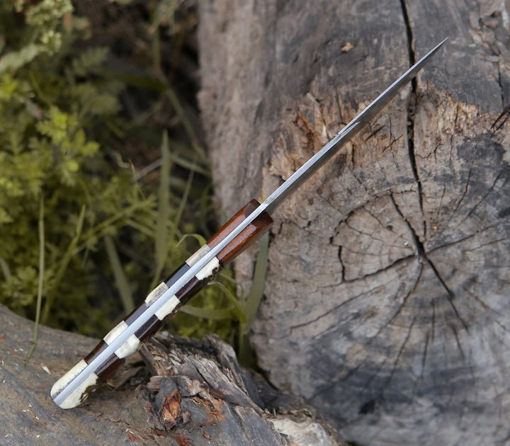 Damascus Knife - Sentinel Gut Hook Hunting Knife With Stag Horn & Exotic Rose Wood Mosaic Handle - Shokunin USA