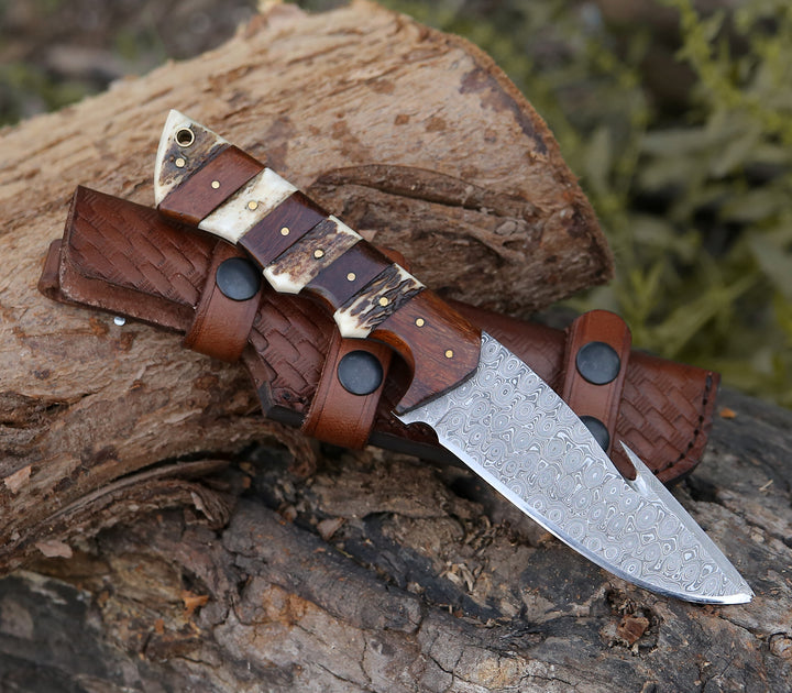 Damascus Knife - Sentinel Gut Hook Hunting Knife With Stag Horn & Exotic Rose Wood Mosaic Handle - Shokunin USA